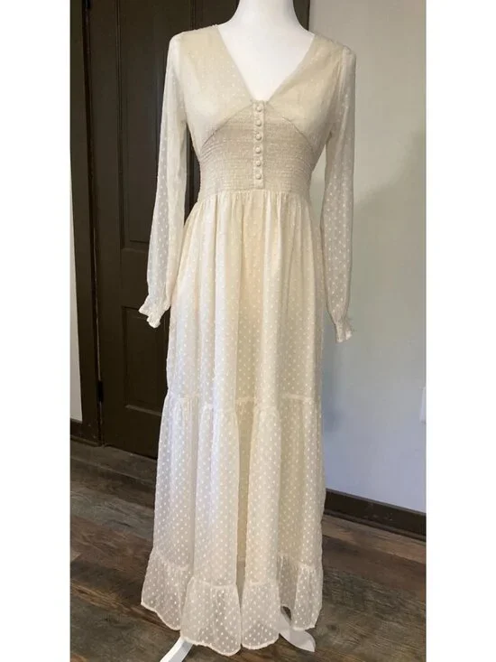Patrons of Peace Cream Polka Dot Long Sleeve Tiered Cottagecore Maxi Dress - Picture 1 of 13